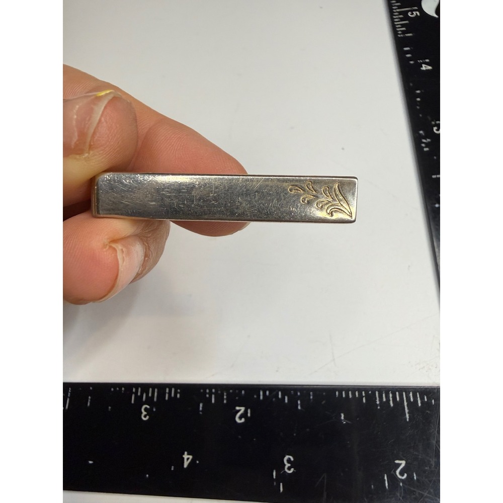 Swank Mens Tie Clip Two Tone Silver Gold Etched Floral Motif Rectangular Bar